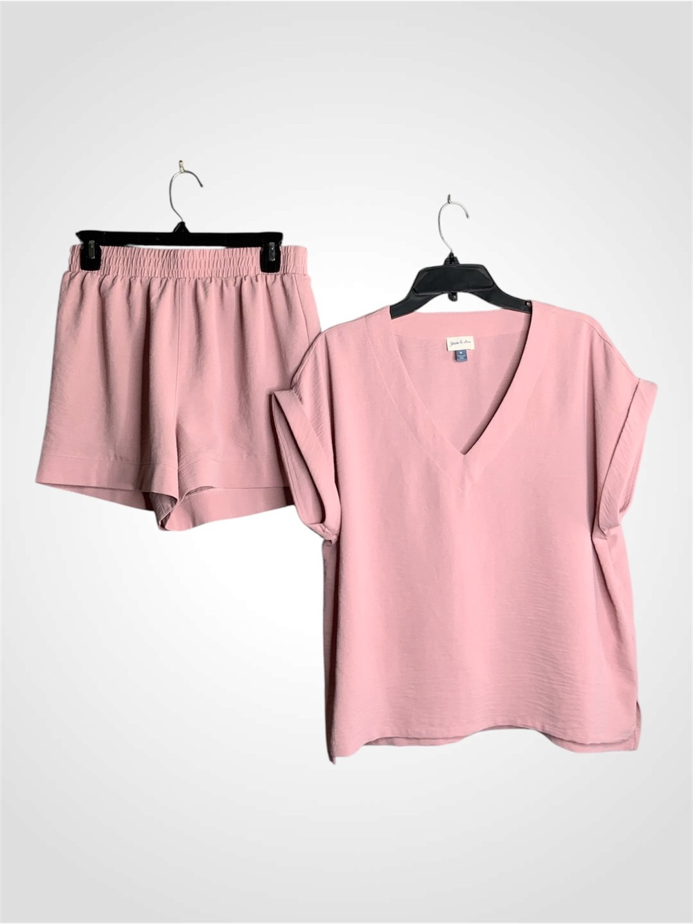Yarn & Sea Women's High-Waist Pink Casual Shorts - V-Neck Top Set S/M